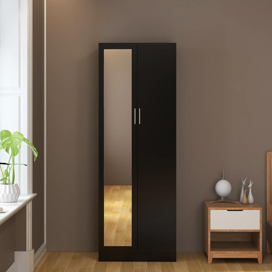 Black Mirrored Wardrobe 2 Door Storage Cabinet with Rail 170cm Tall