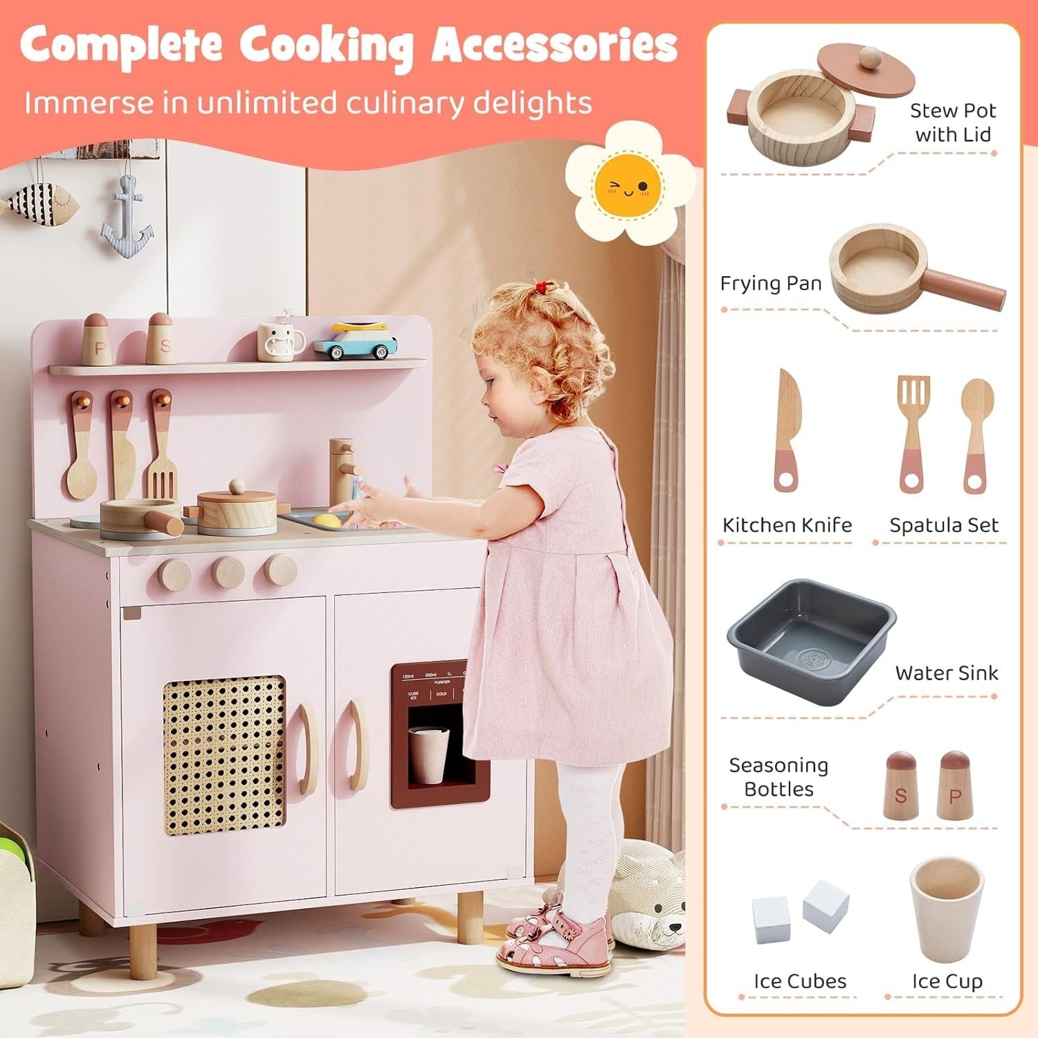 Kids Wooden Play Kitchen w/ Ice Maker Sink Pink Toy Set