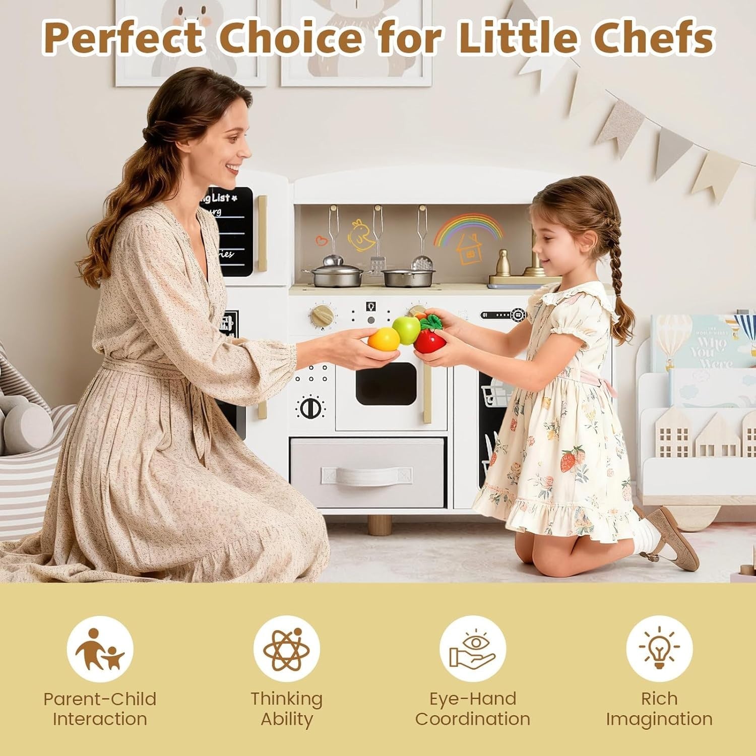 Wooden Kids Play Kitchen White w/ Ice Maker Sink Blackboard Set