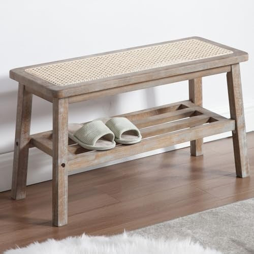 Natural Rattan Dining Bench with Solid Wood Legs Entryway Shoe Storage Ottoman