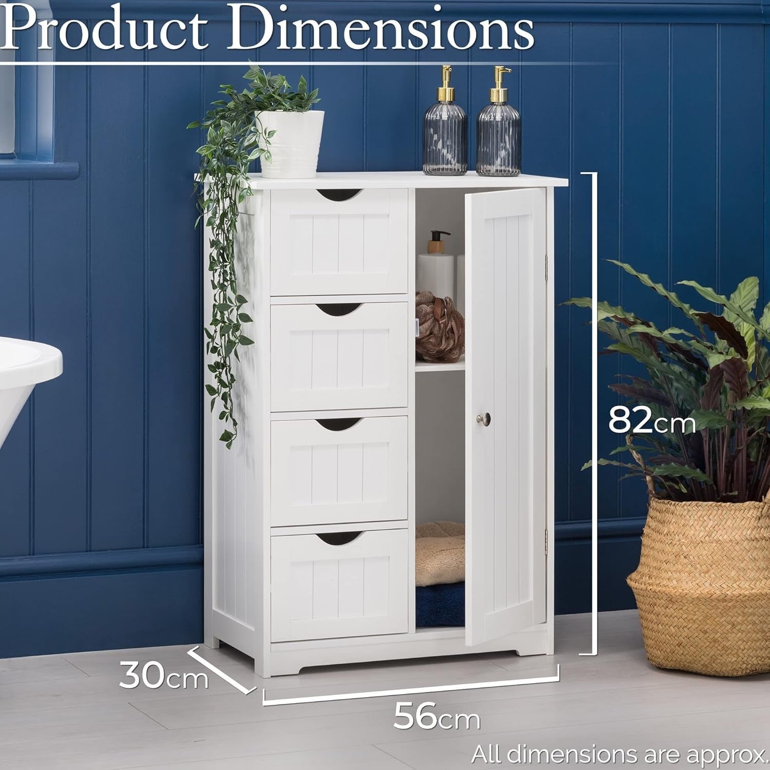 Bathroom Cabinet White Storage Unit with Drawers & Door – Slim Floor Cupboard