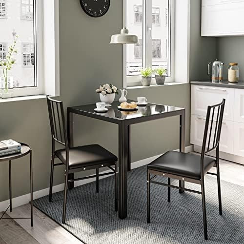 75cm Square Glass Dining Table Black Tempered Metal Frame Kitchen Table