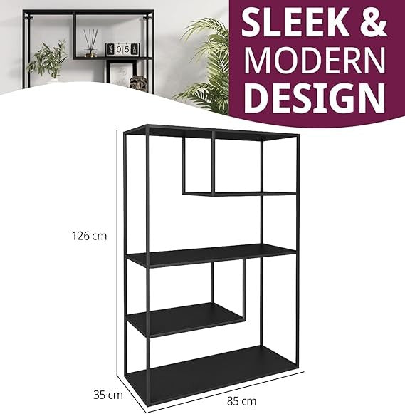 Tall Black Metal Display Shelf – 4-Tier Large Storage Unit for Living Room