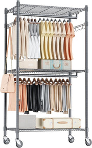 Heavy Duty 3-Tier Double Rod Clothes Rail with Wheels – Grey 205cm