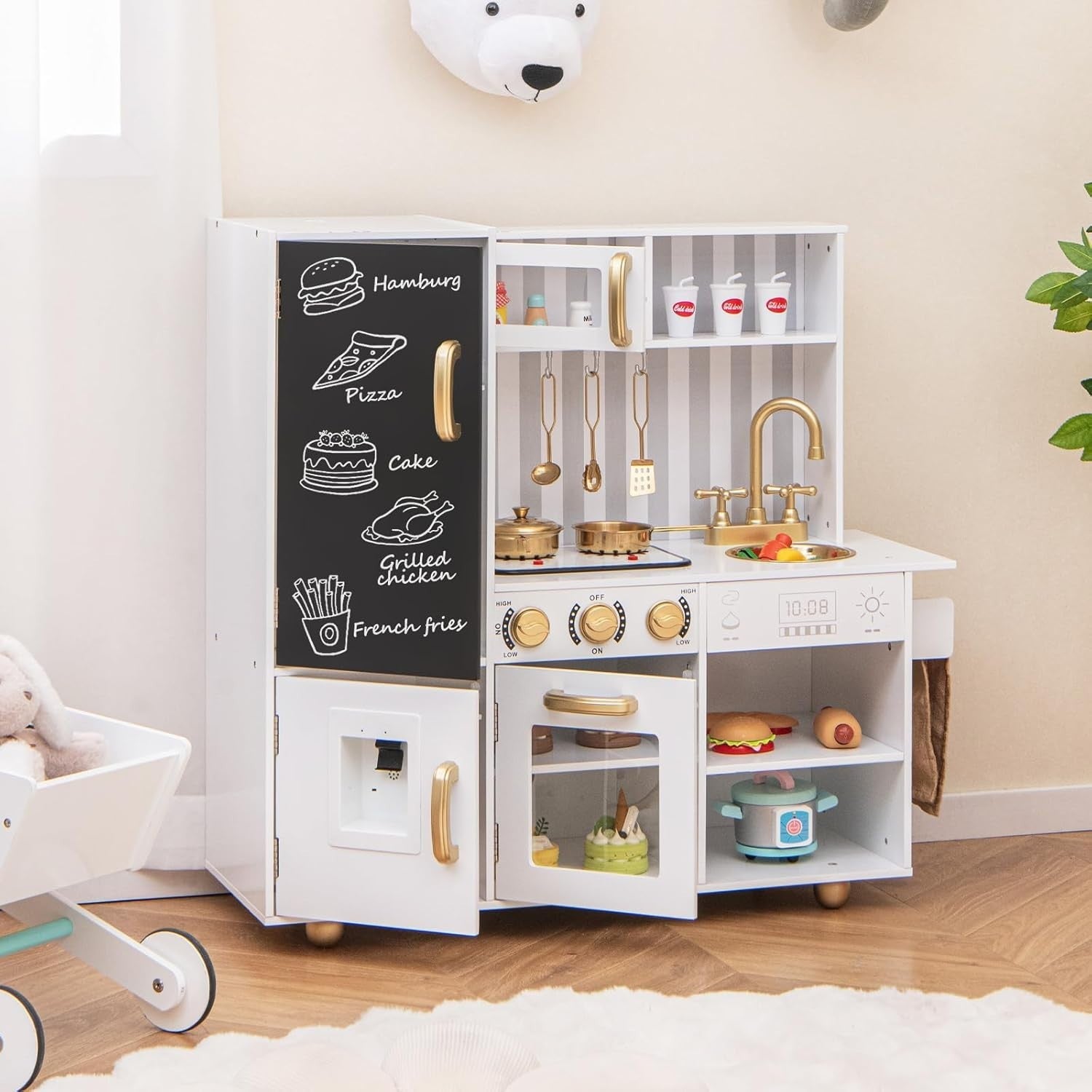 Kids Wooden Play Kitchen w/ Lights Sounds Blackboard White Gold