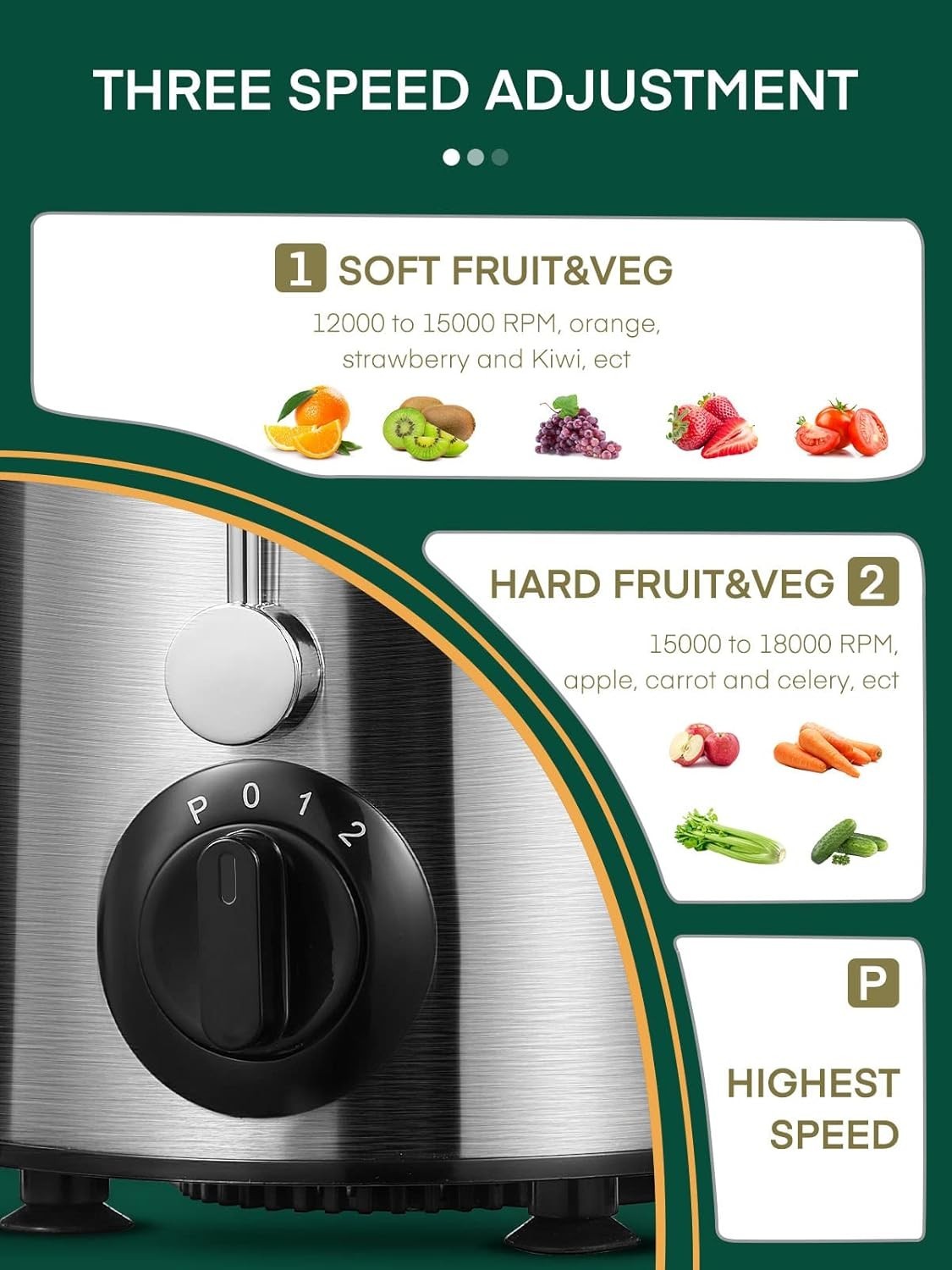 Centrifugal Juicer 800W Power 65mm Feed Chute 3 Speed Fast Juice Maker