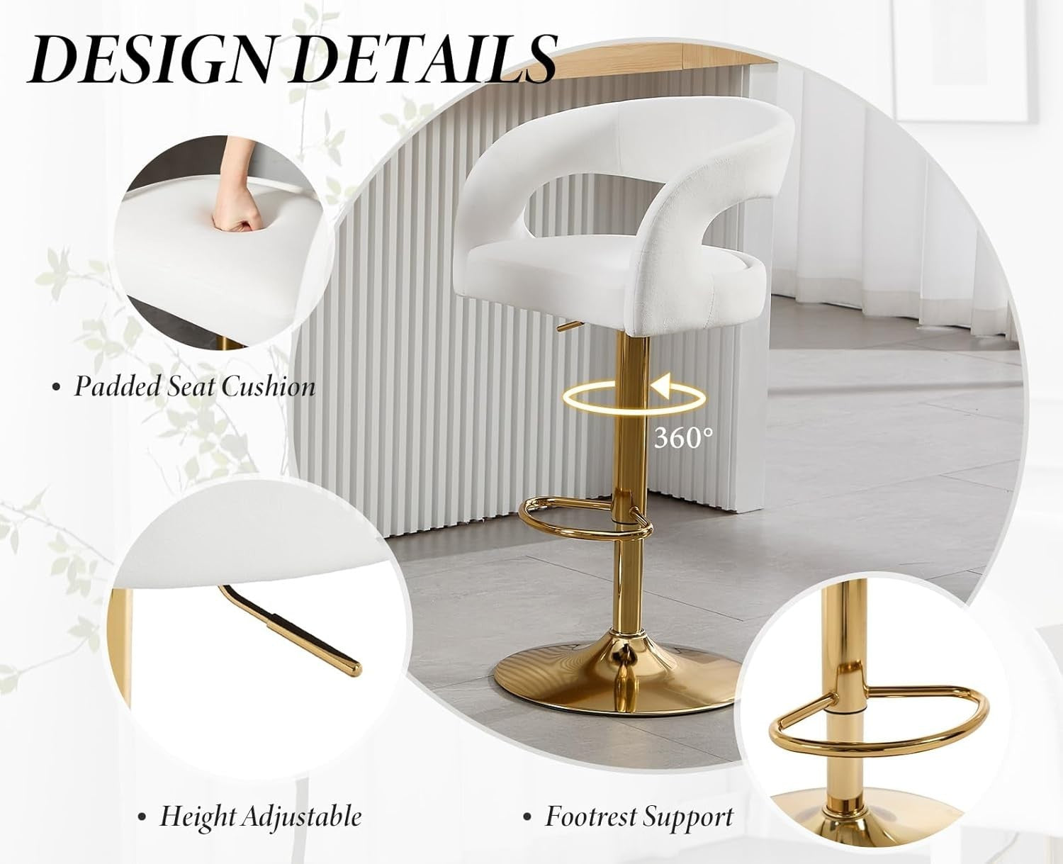 Adjustable White Velvet Bar Stools Set of 2 Swivel Kitchen Counter