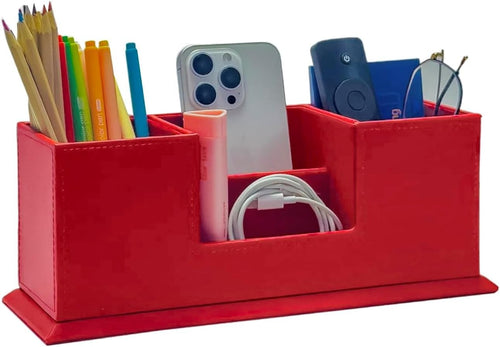 Leatherette Desk Organiser with Dual Pen & Card Holder – Red