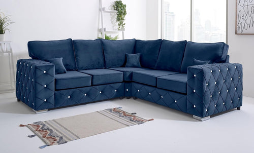 Blue Plush Velvet 5 Seater Corner Sofa - Milton Fullback Diamond Button Tufted