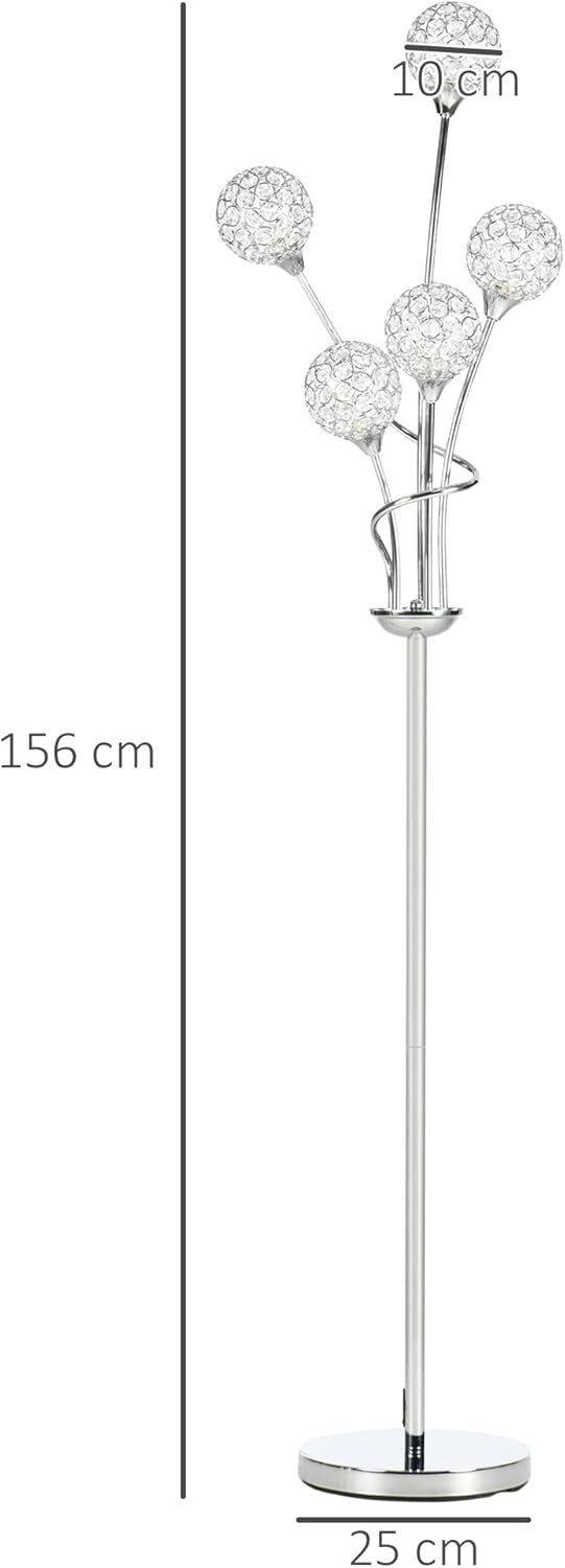 Modern 5 Light Floor Lamp Silver Crystal Shades G9 Tall Standing Light