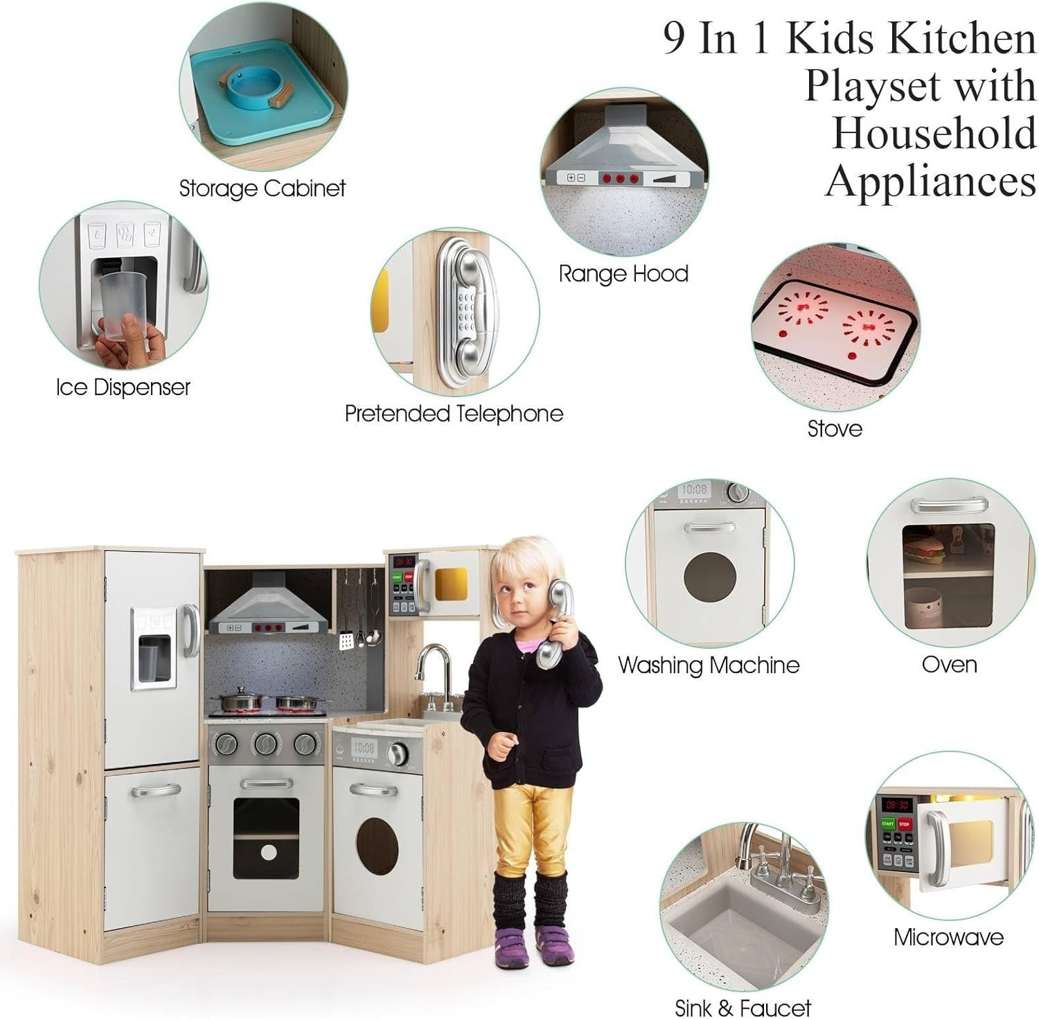 Kids Wooden Play Kitchen Light Sound Ice Dispenser Telephone Natural