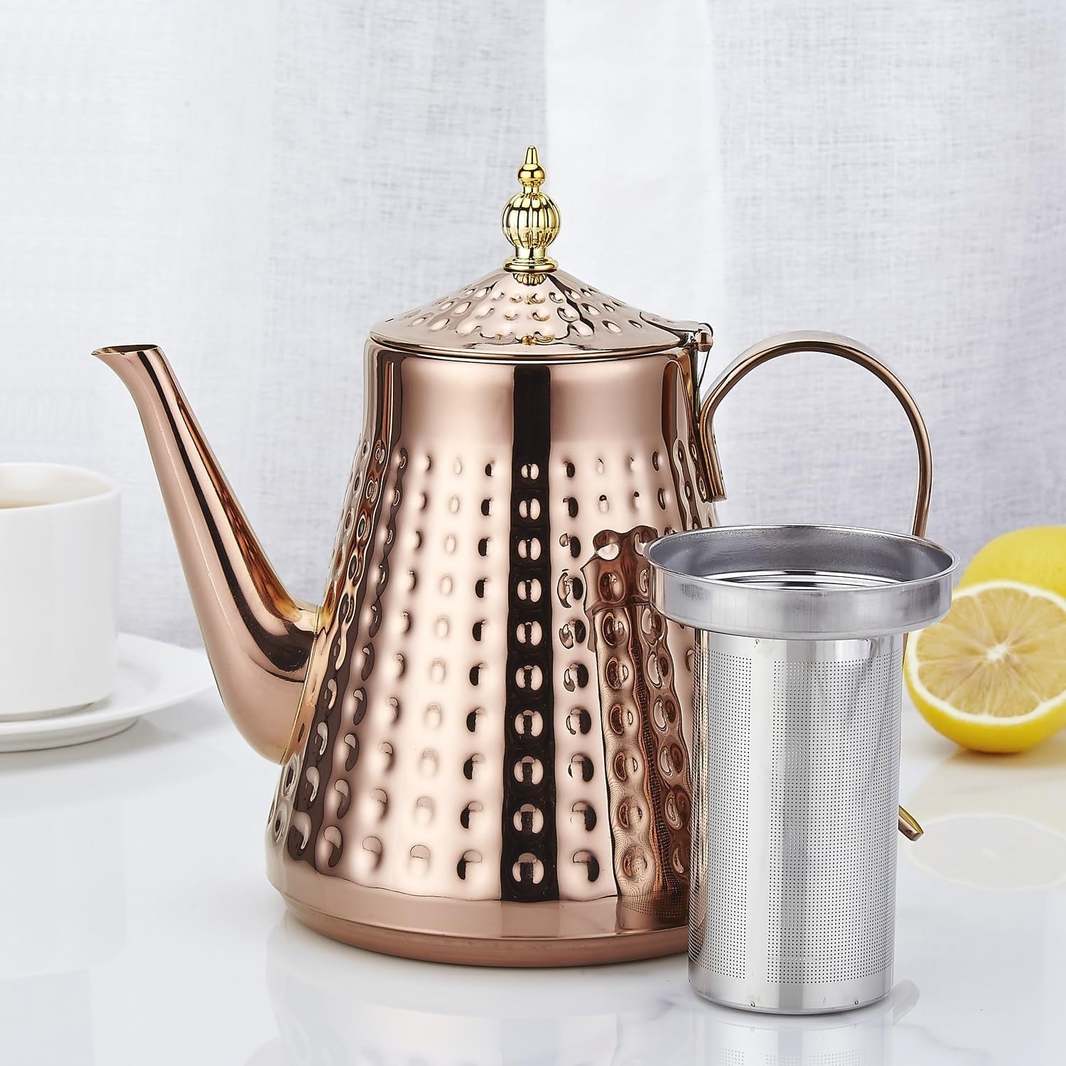 Copper Stainless Steel Teapot 54oz 1.6L w/ Infuser Hammered Finish