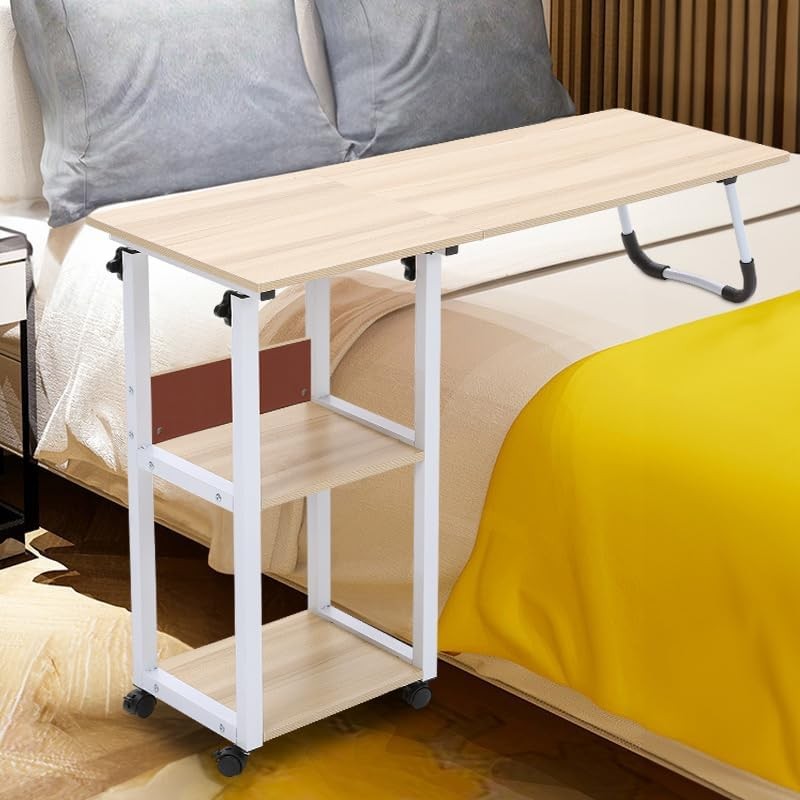 Beige Overbed Table with Wheels Adjustable Foldable Bedside Laptop Desk