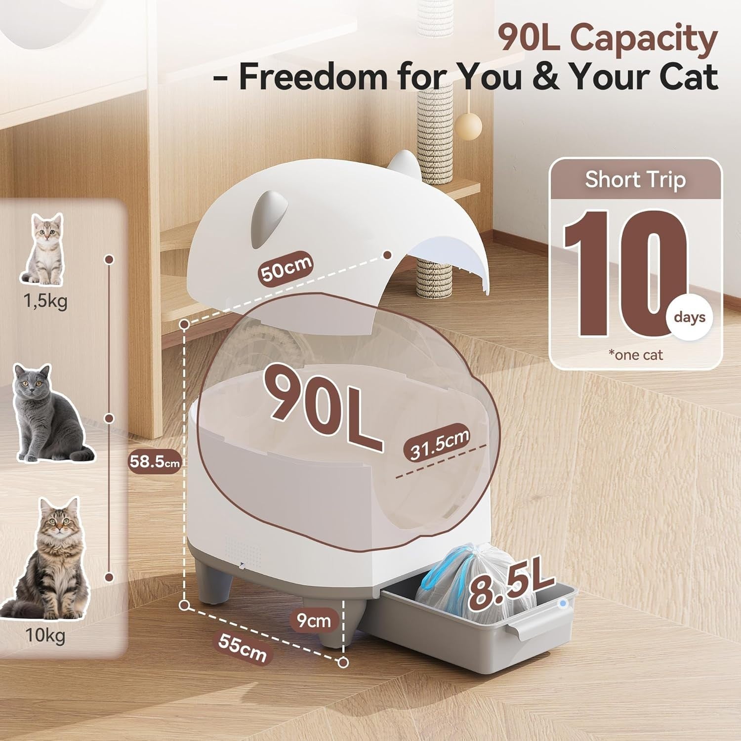 XXL Self Cleaning Cat Litter Box 90L Auto App Control Odor Control