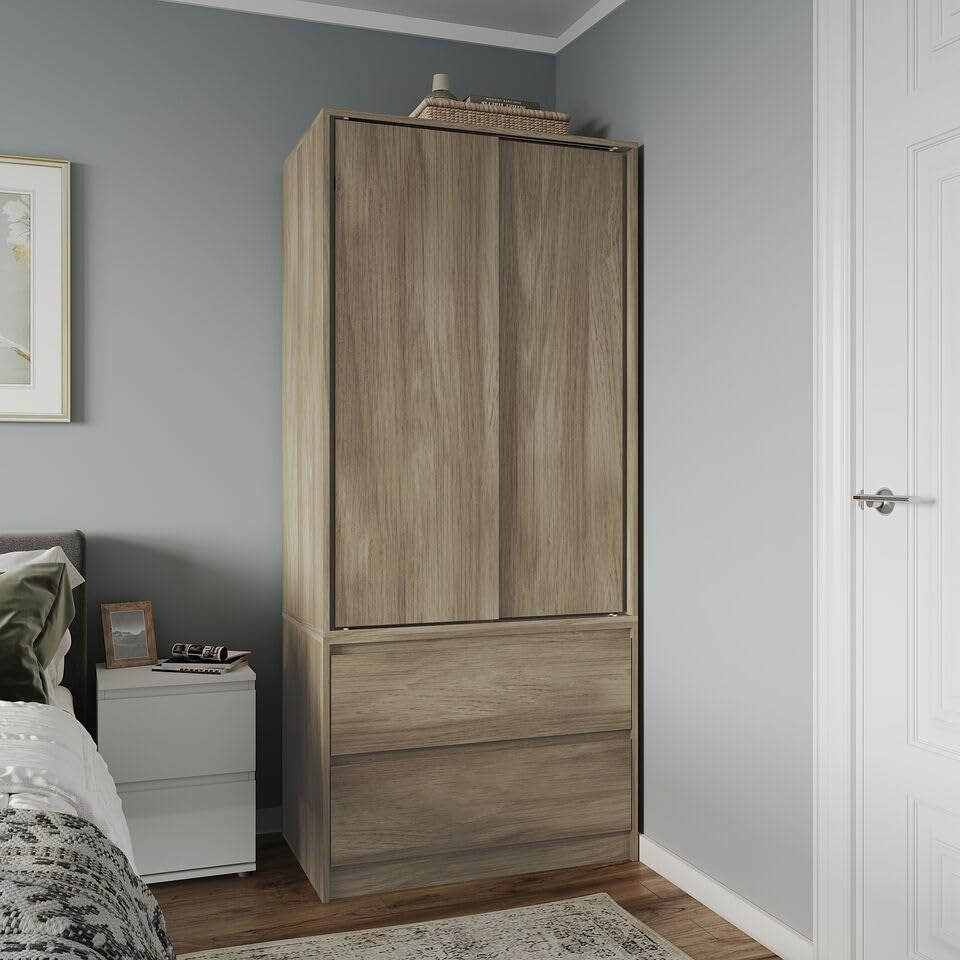 2-Door 2-Drawer Sliding Wardrobe with Hanging Rail & Adjustable Feet, Oak