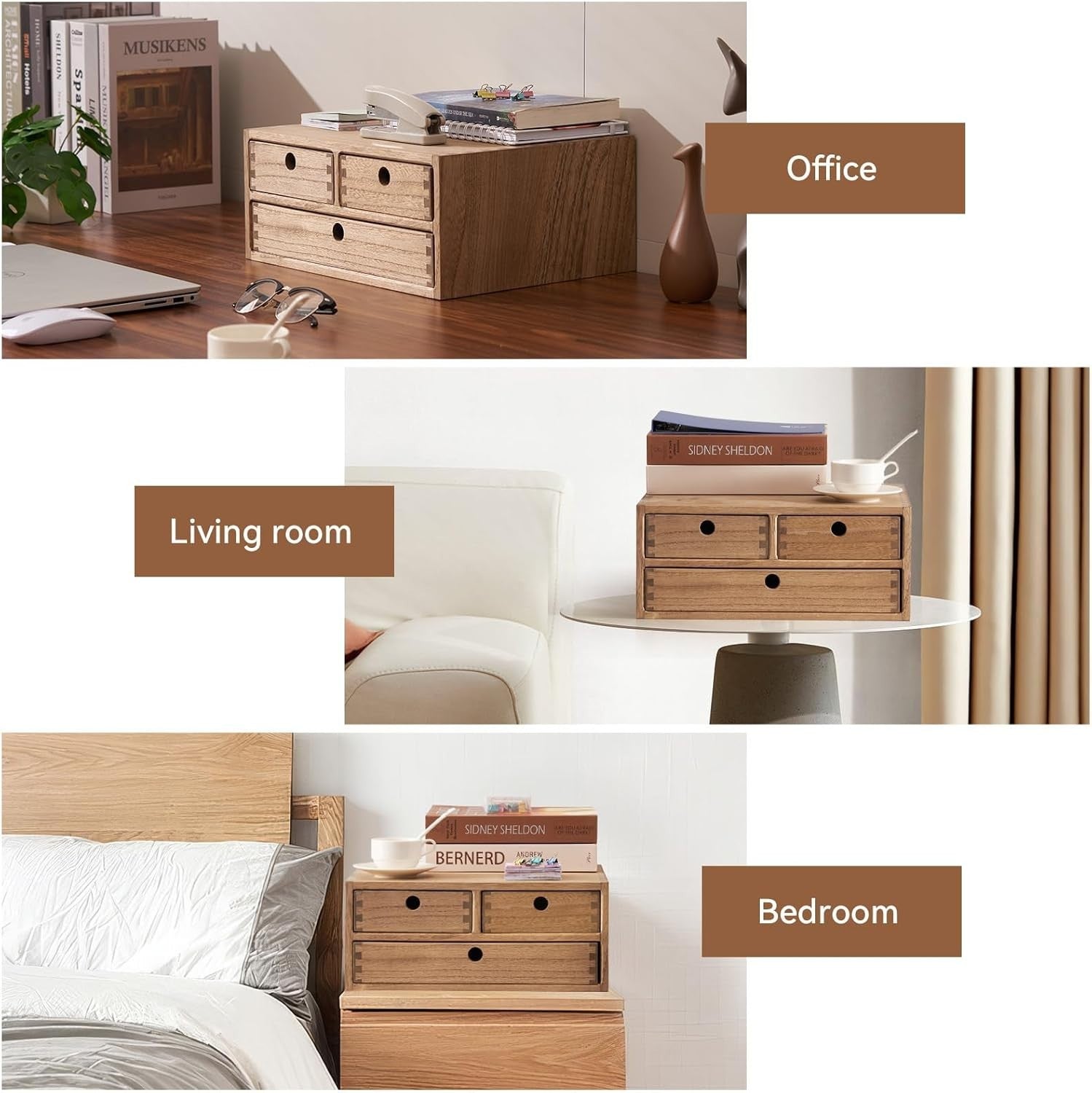 Wood Desktop Organizer 3 Drawer Office Filing Storage Jewelry Box