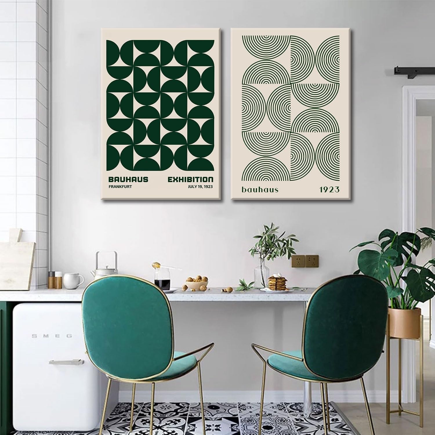 Bauhaus Wall Art Set of 2 Green Geometric Posters 16x24in