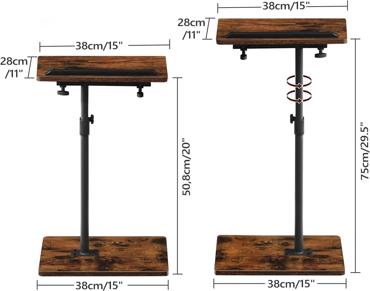 Rustic Adjustable C-Shaped Side Table 360° Rotating Tilt Top w/ Slot
