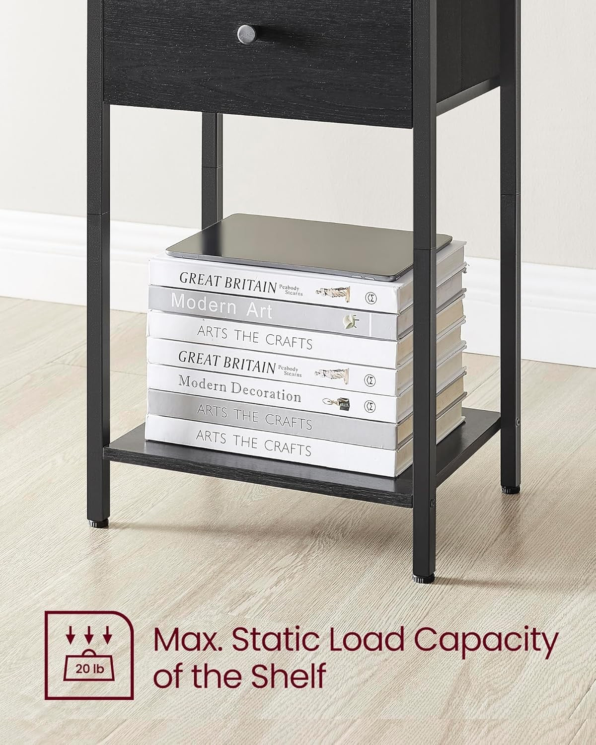 Tall Bedside Table with Drawer & Shelf, Modern 24-Inch Nightstand in Black
