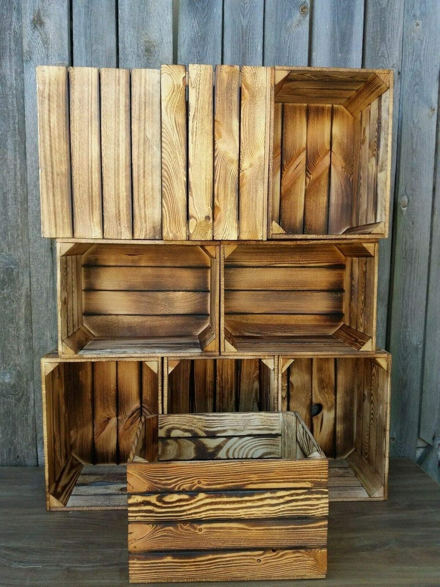 Natural Burnt Effect Wooden Crates 29x24x39cm – Handmade Set of 9