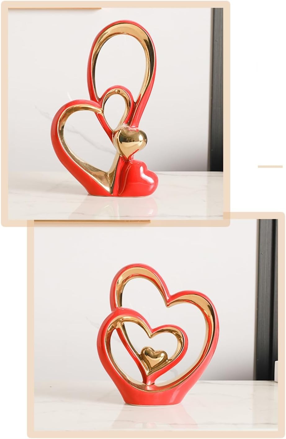 Red Gold Double Heart Ceramic Sculpture Modern Romantic Home Decor Ornament Gift