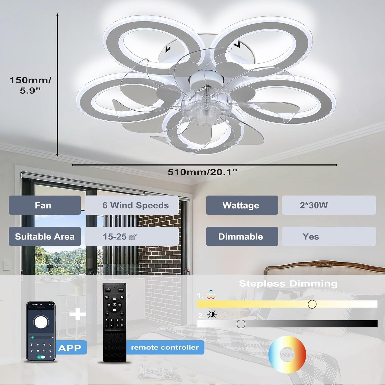 LED Ceiling Fan with Light, 6 Speeds, Dimmable, Low Profile, White