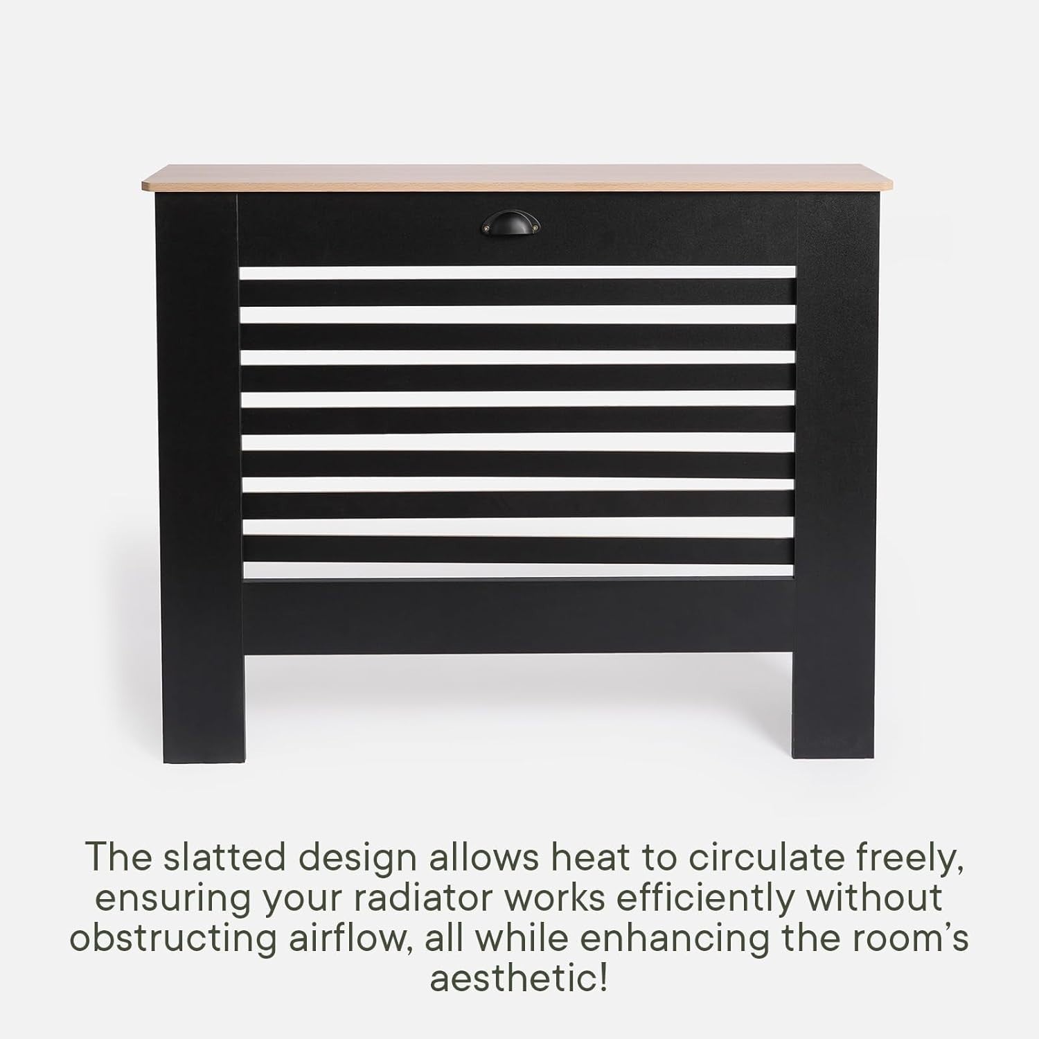 Modern Black Radiator Cover Shelf | Natural Oak Top Heating Cabinet
