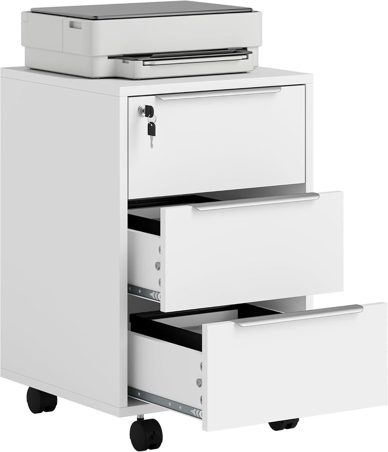 White Lockable Rolling Drawer Cabinet 3 Tier Under Desk File Unit