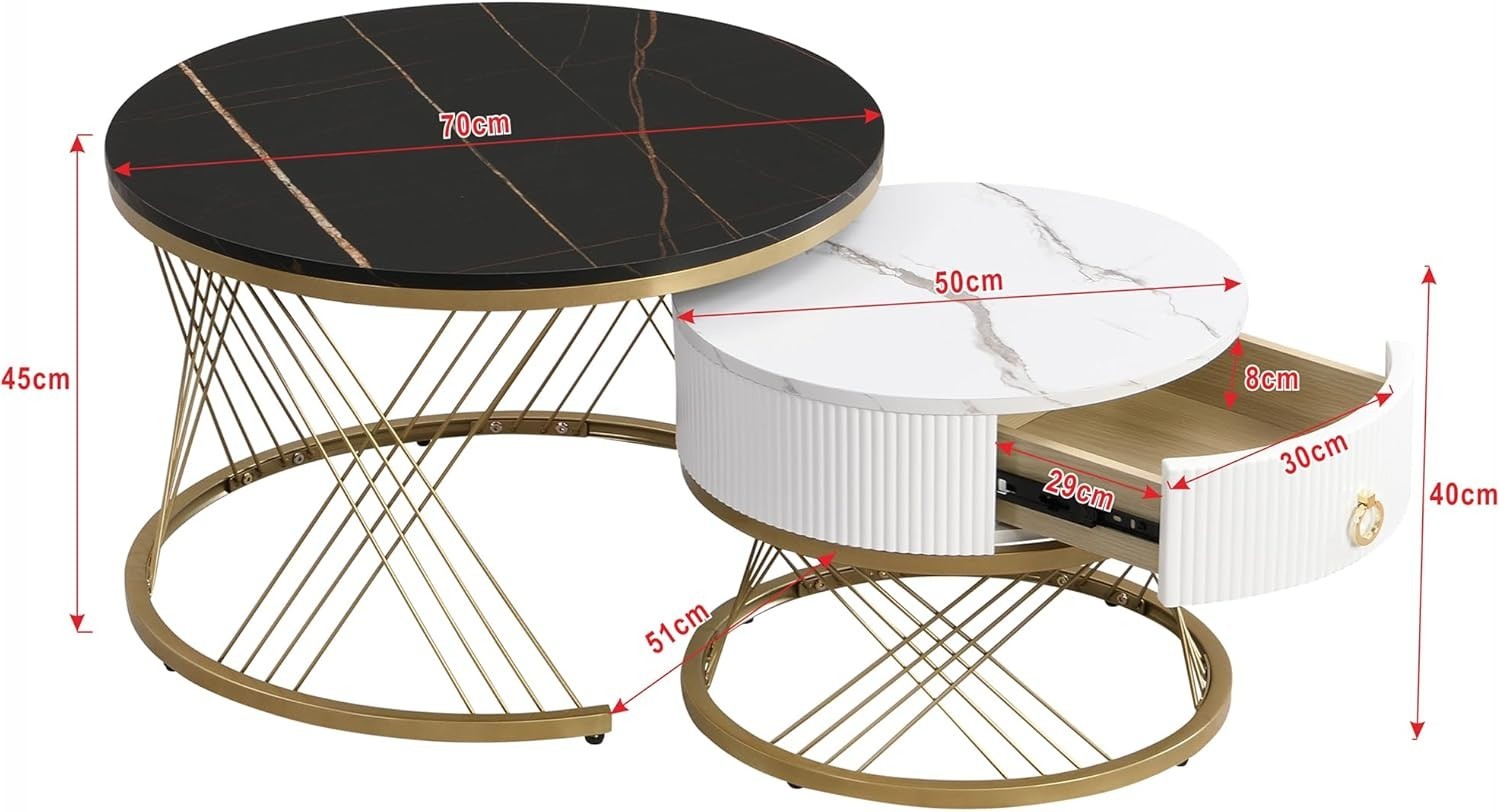 Marble Nesting Coffee Table Set with Drawer – Gold Legs, Modern & Space Saving