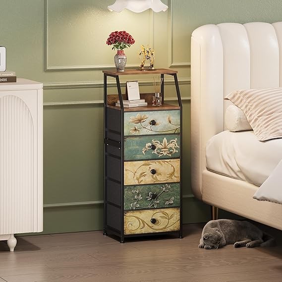Rustic 5-Drawer Slim Chest Unit with Open Shelf, Space-Saving Bedroom Storage