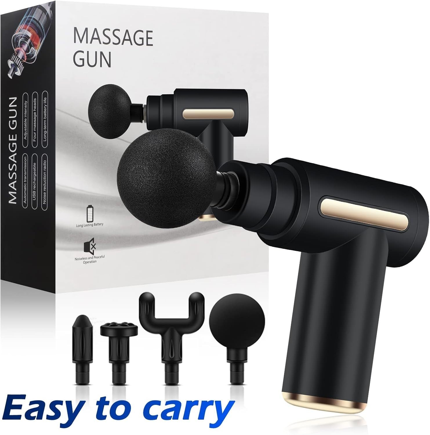 Mini Deep Tissue Massage Gun Portable Muscle Massager Quiet 6 Speeds 4 Heads