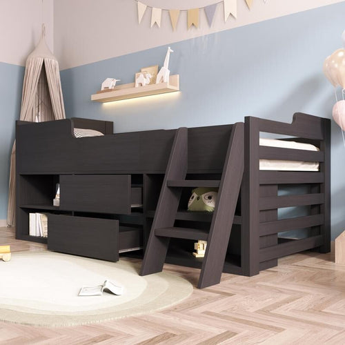 Kids Cabin Bed Mid Sleeper with Drawers Shelves Taupe 3FT Storage Wooden Frame