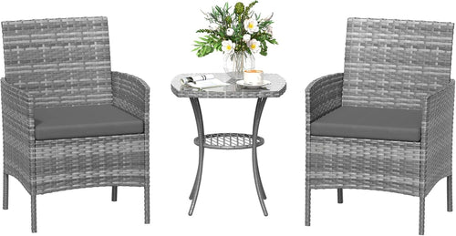 Outdoor Rattan Bistro Set 3PC | Waterproof Cushions | Small Garden Patio