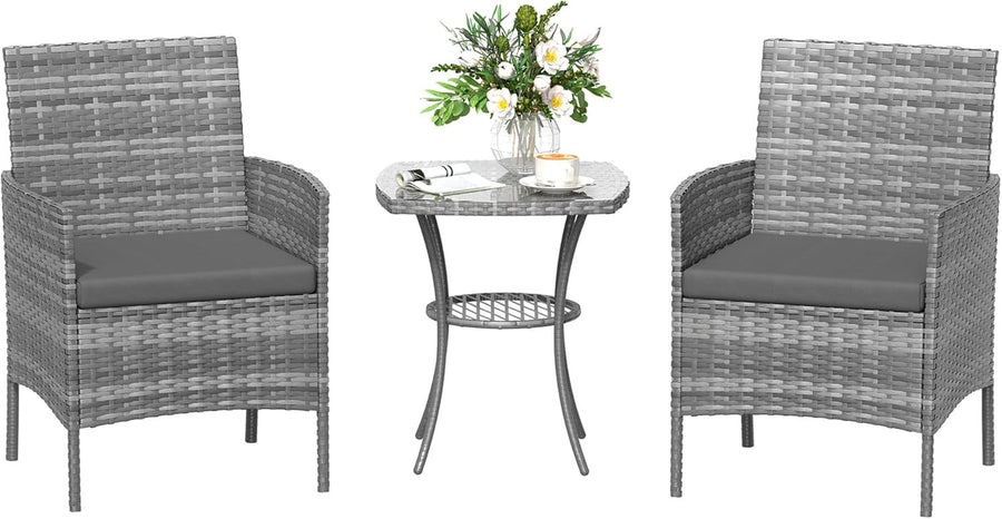 Outdoor Rattan Bistro Set 3PC | Waterproof Cushions | Small Garden Patio