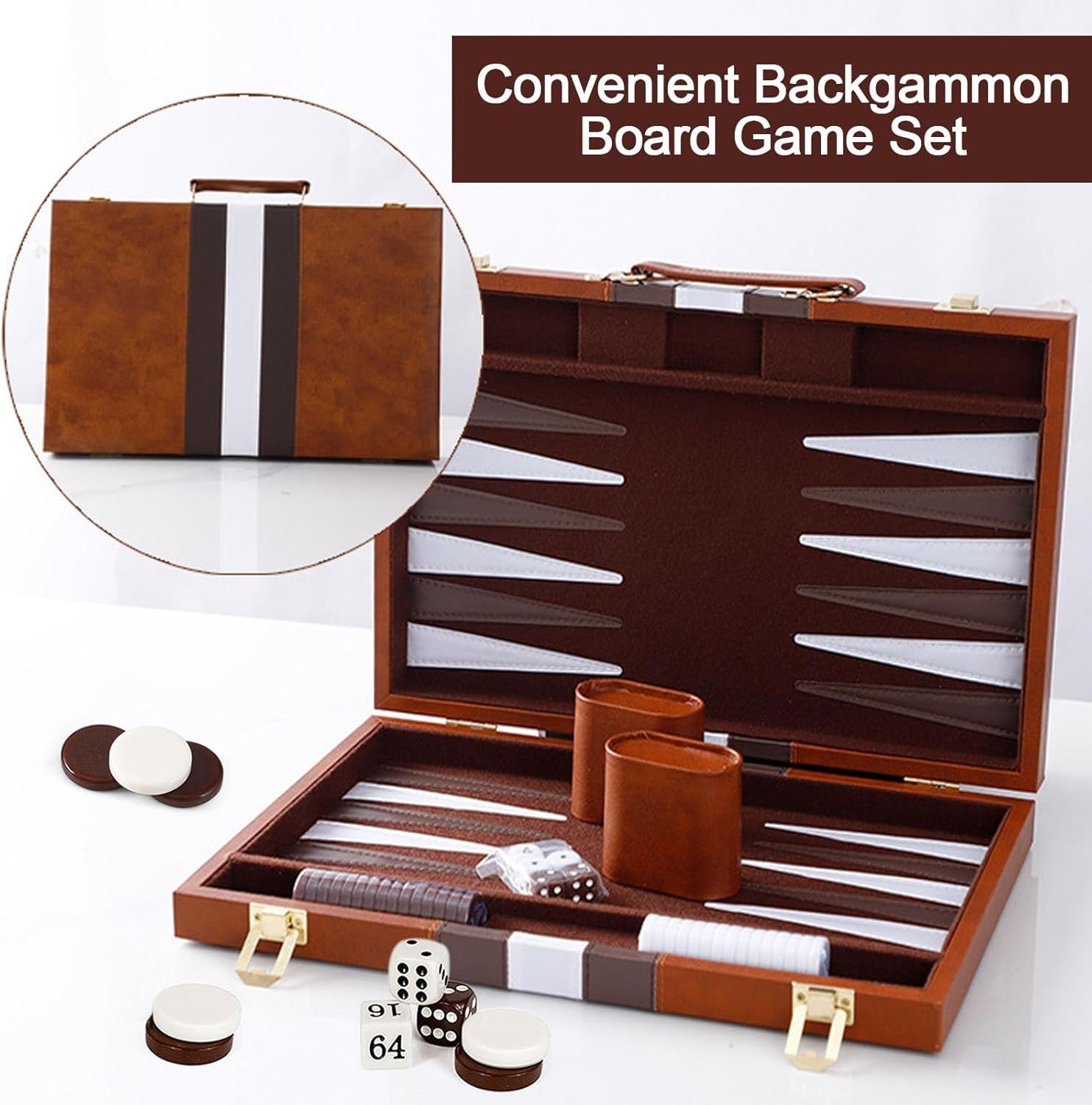 Backgammon Set 11 Inch Leather Case Portable Travel Board Game Dice Cups