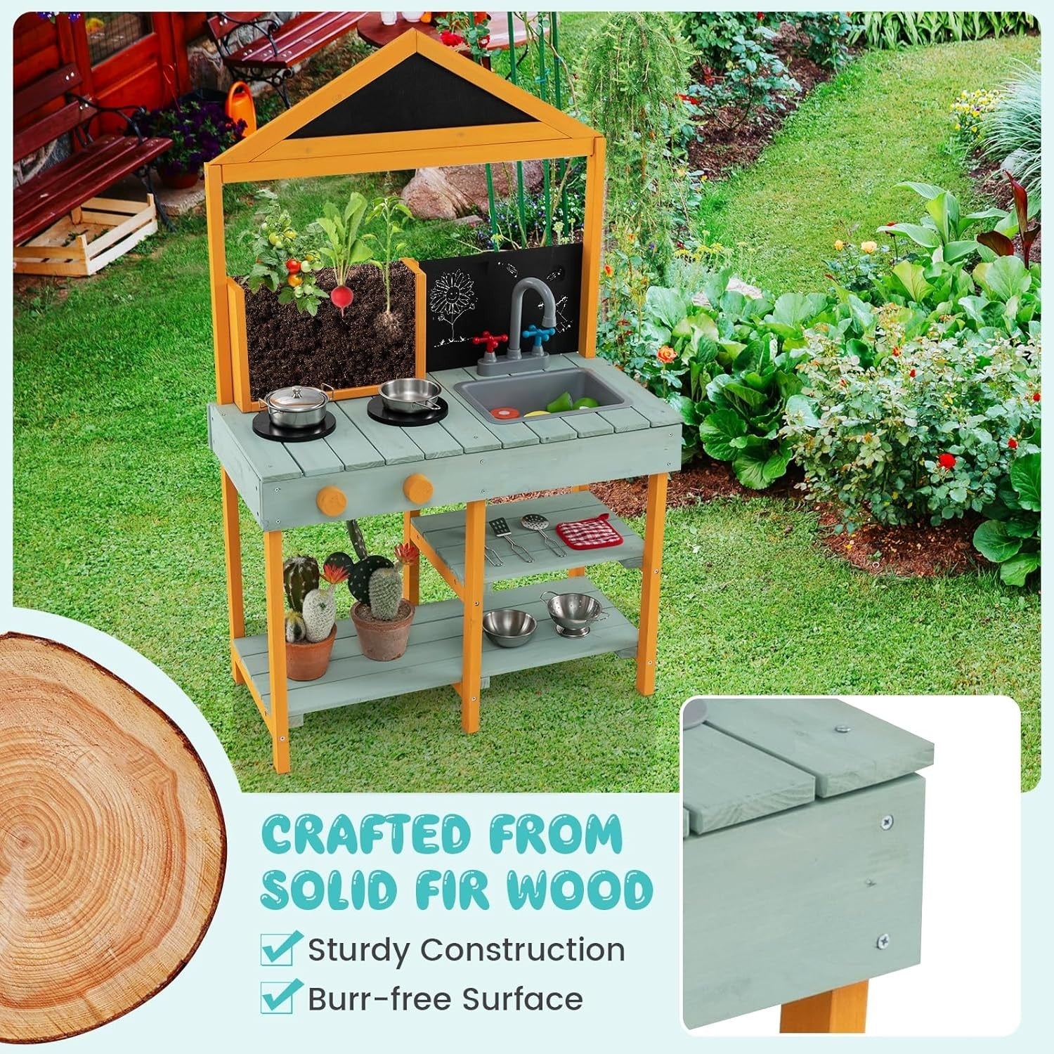 Outdoor Wooden Mud Kitchen Kids Playset Sink Chalkboard Planter Set
