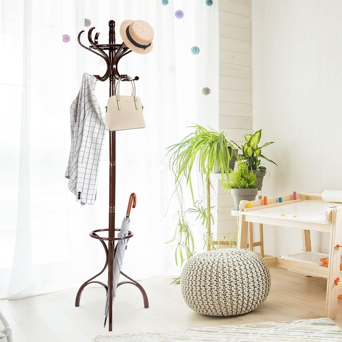 360° Rotating Mahogany Wooden Coat Rack Stand 12 Hooks Freestanding Hanger