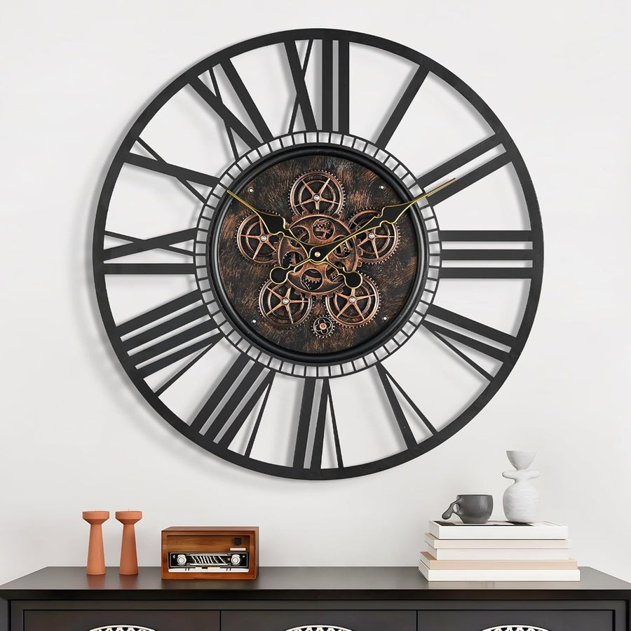 20” Large Moving Gear Wall Clock Roman Numerals Vintage Steampunk Decor