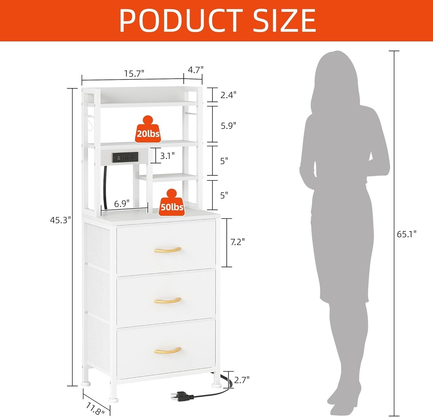 Tall White Bedside Table with LED Lights Charging Ports Shelves Drawers Storage