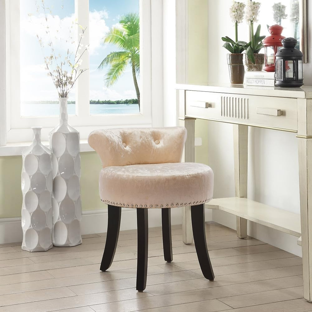 Velvet Tufted Back Dressing Table Stool – Solid Wood Legs Makeup Chair