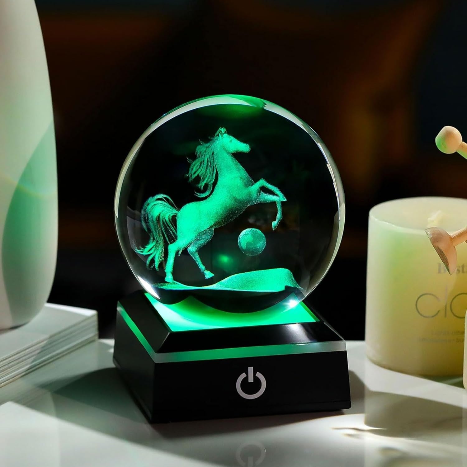 3D Crystal Horse Ball LED Light 8cm K9 Glass Ornament Gift Home Decor