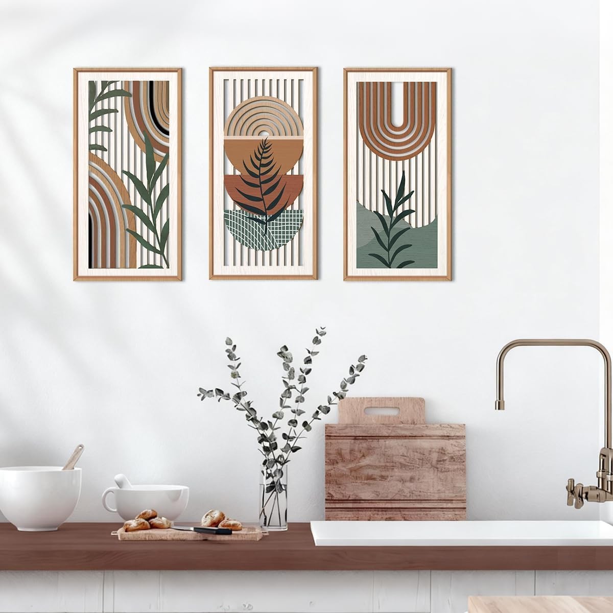 Boho Mid Century Abstract Wall Art Framed Geometric Plant Decor