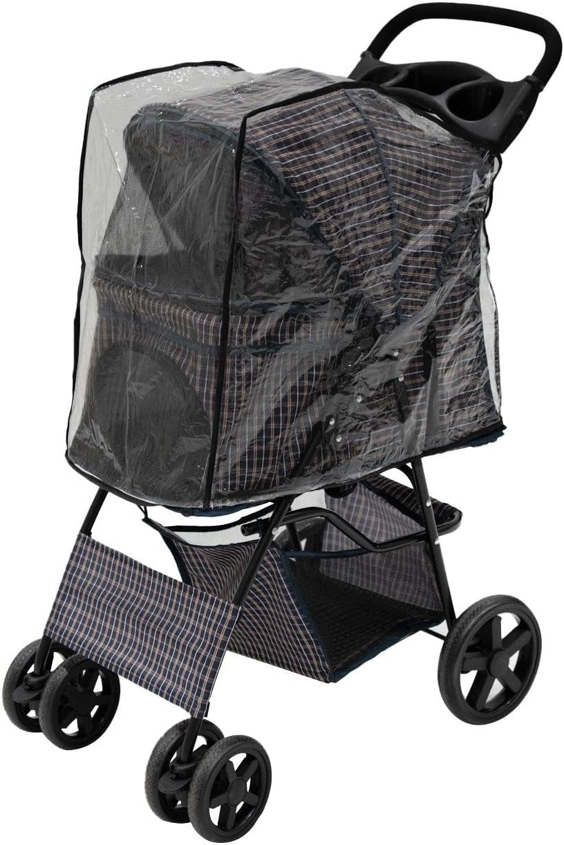 Grey Tartan Pet Stroller Pushchair with Caddy Bag Foldable 15kg Travel Pram