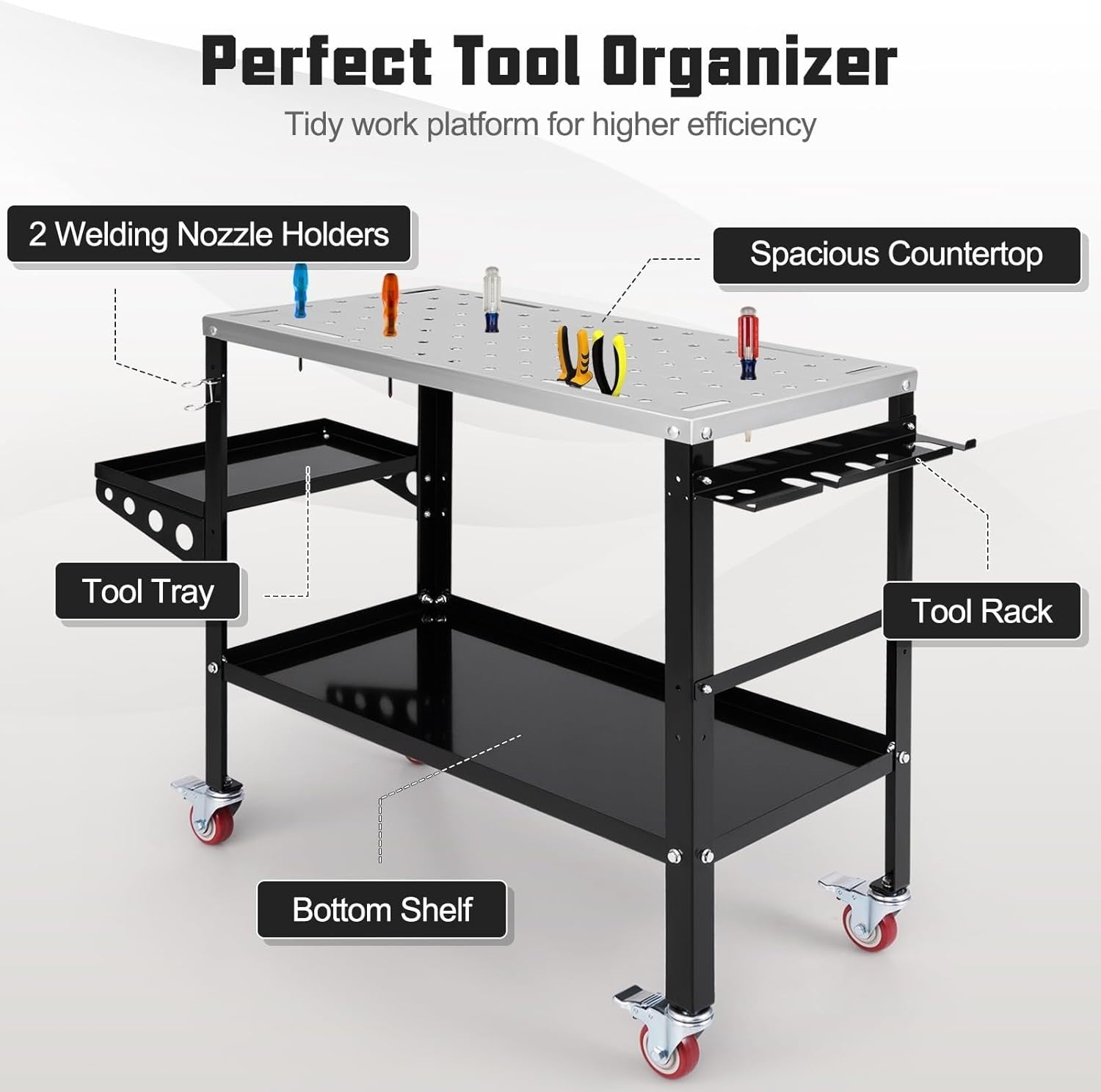 Heavy Duty Welding Table on Wheels 36x18 580kg Workbench Tool Rack Fixture Holes