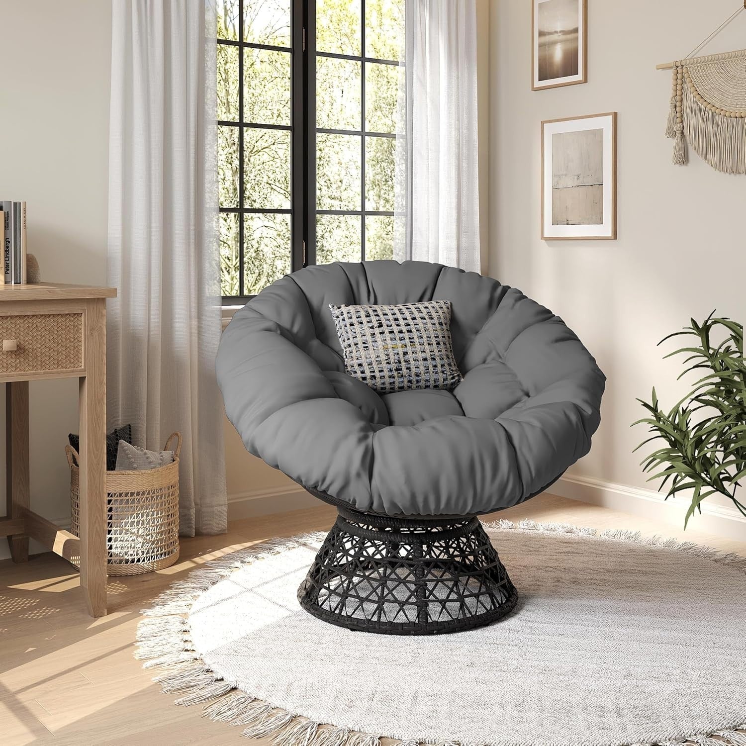 Swivel Papasan Moon Chair Oversized Round Lounge Chair with Thick Cushion