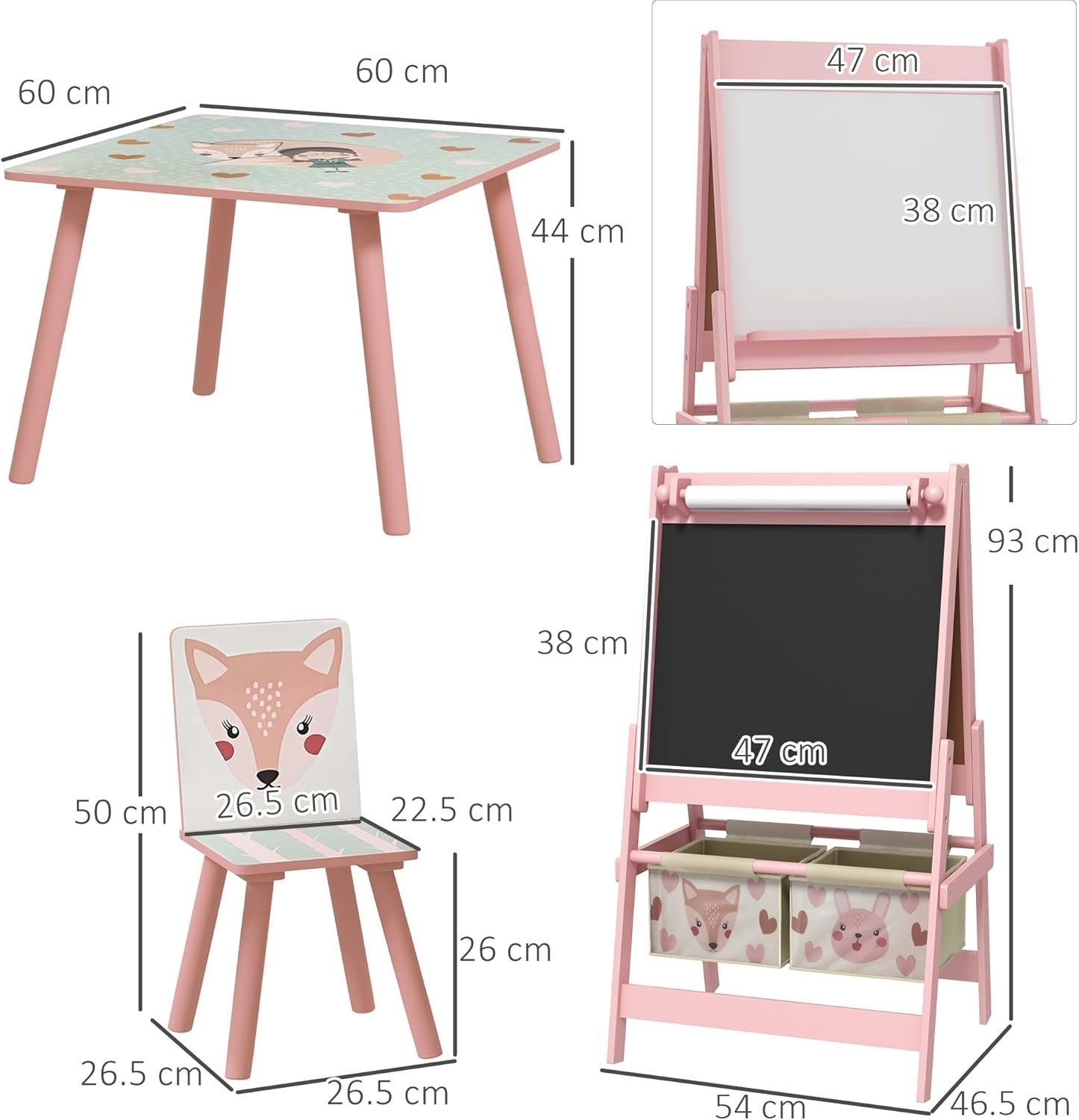 Kids Table & Chairs Set with Easel, Chalkboard & Paper Roll, Pink