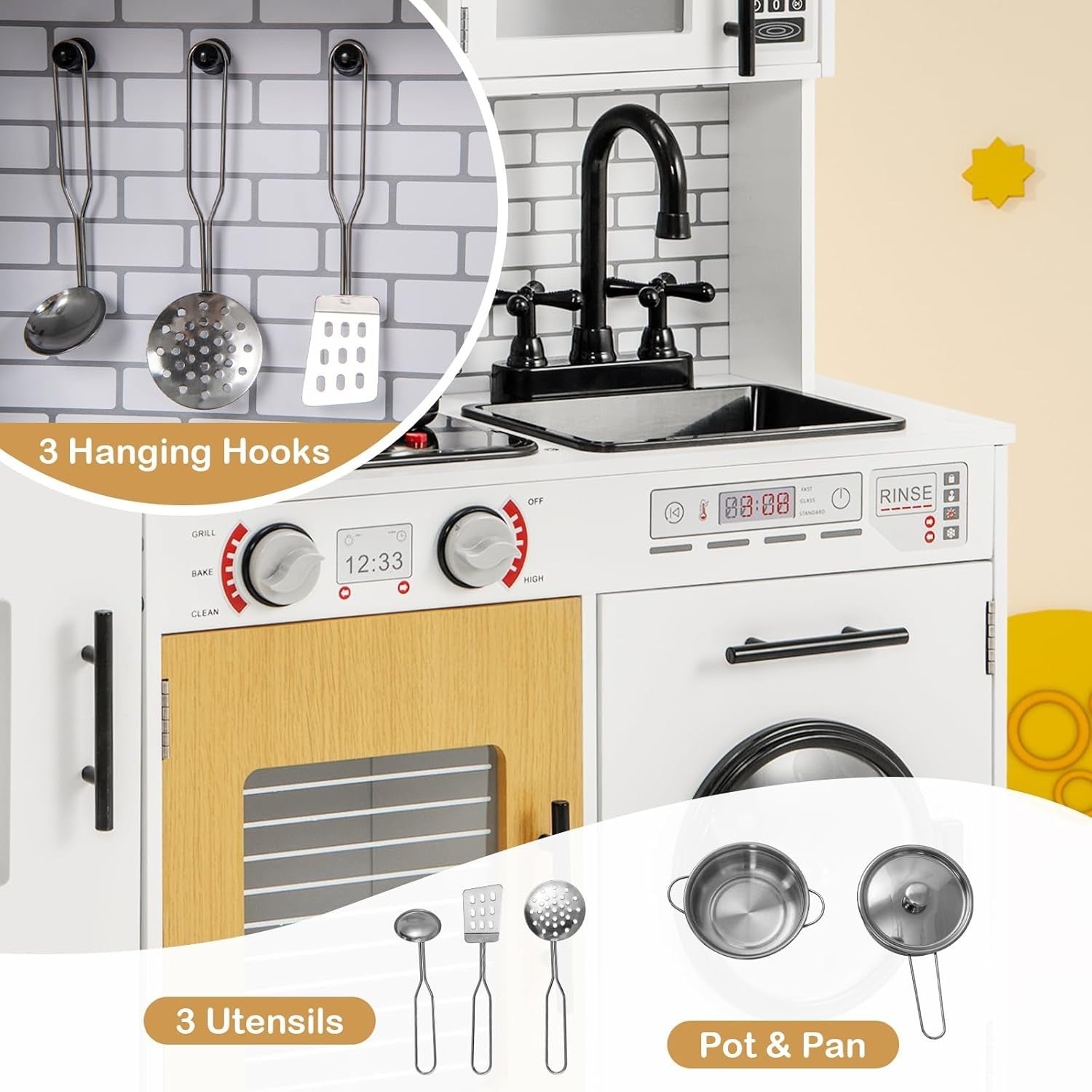 Wooden Kids Play Kitchen Lights Sounds Washer Microwave White Toy