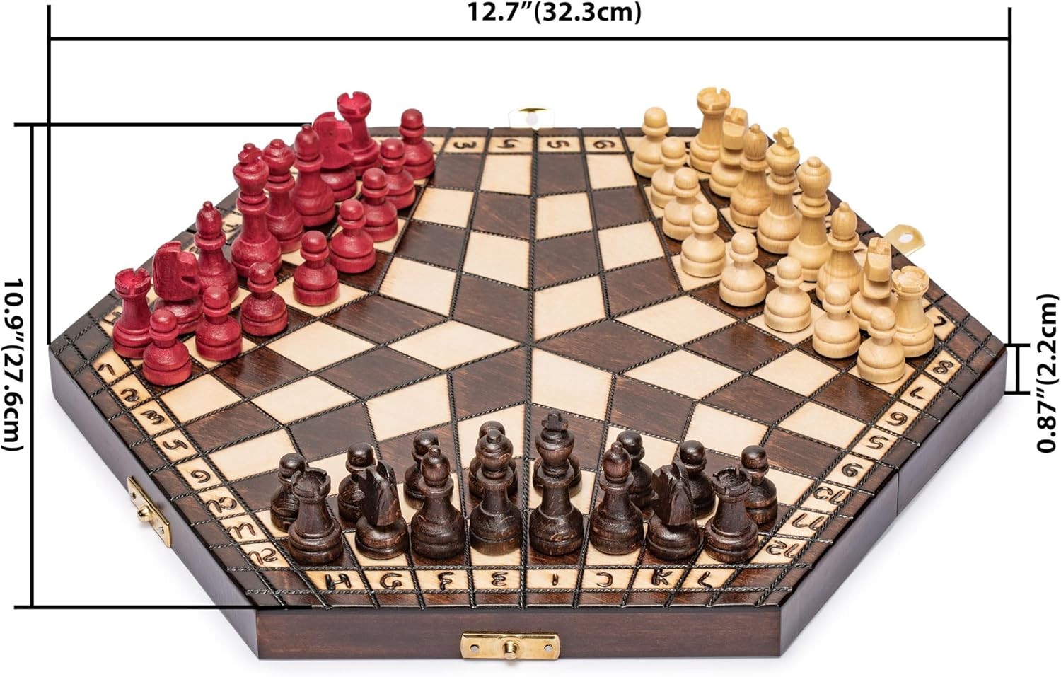 Luxury 3-Player Wooden Chess Set 32cm Hexagonal Board Handcrafted Pieces