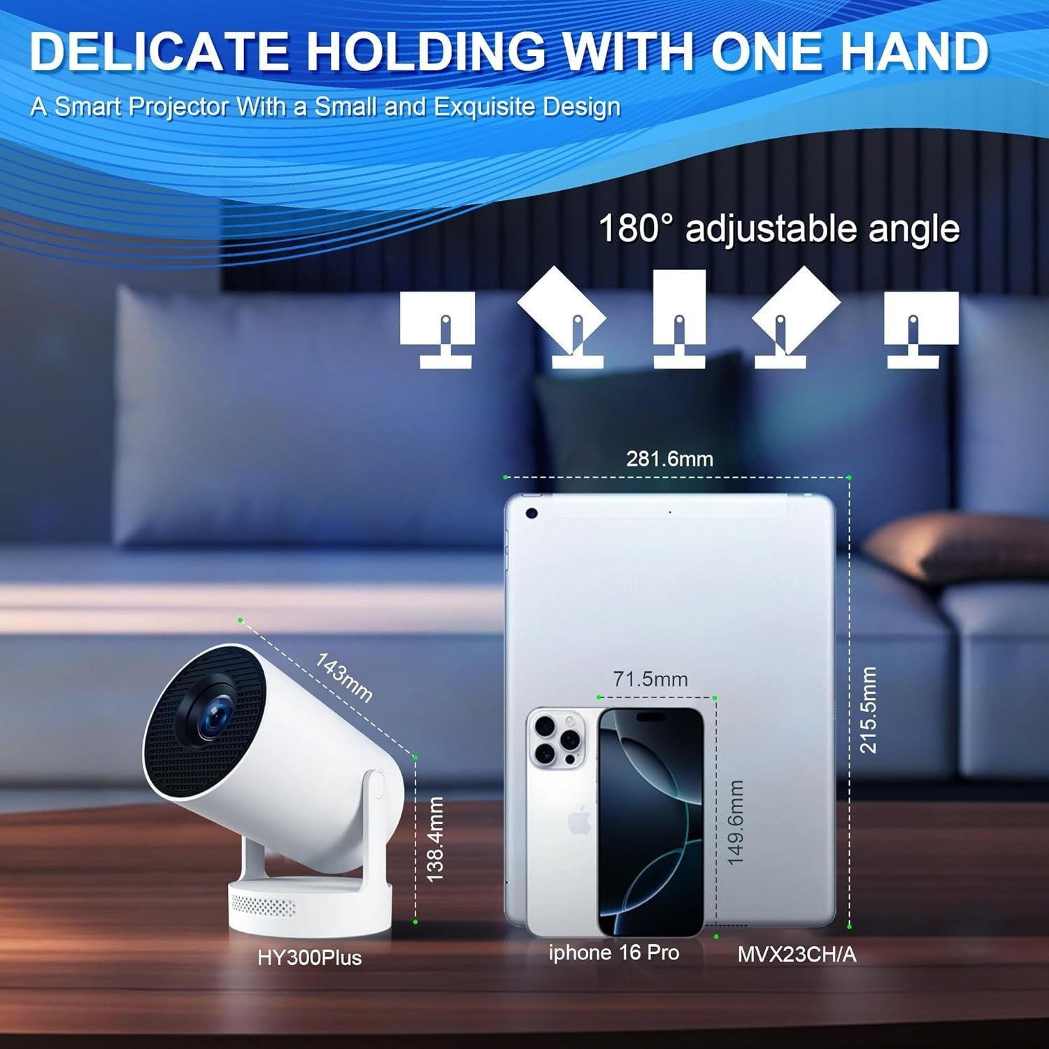 Android WiFi 6 Mini Projector 4K Support Motorized Focus 180° Portable