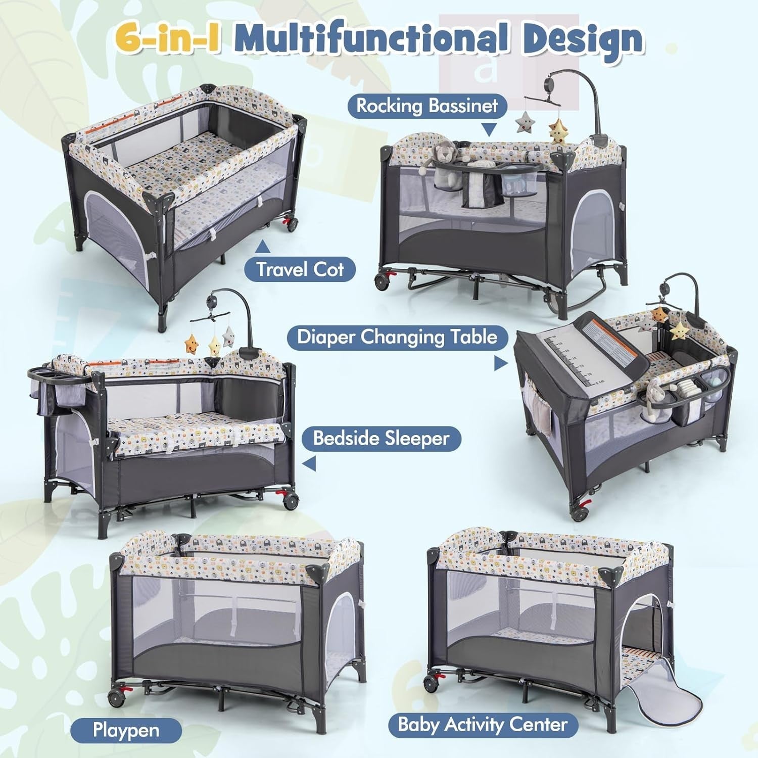 6in1 Baby Travel Cot Foldable Crib with Mattress, Changer & Storage Bear